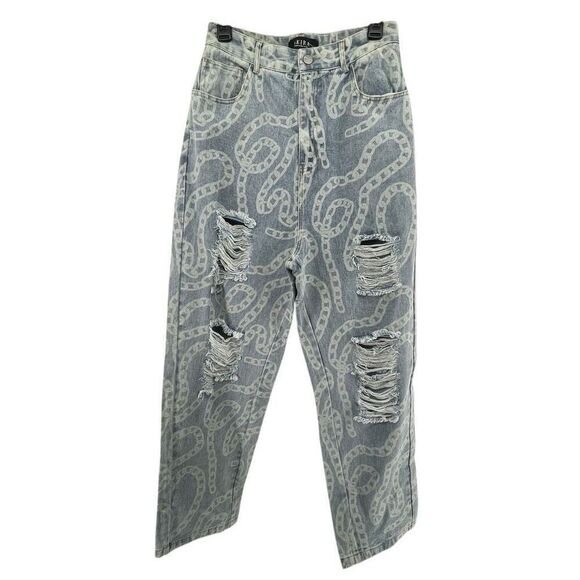 Akira Women’s High Rise Chainlink Print Distressed Straight Mom Jeans Small - Picture 1 of 11